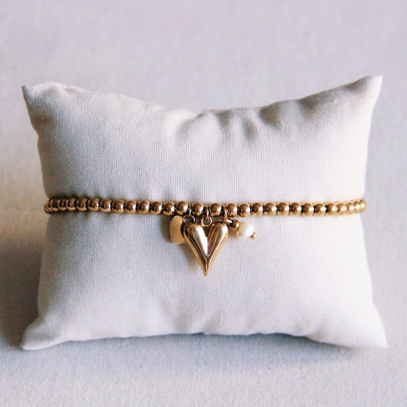 Bazou - Kralen Armband met Harten en Mini Parel - Goud