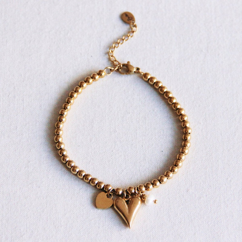 Bazou - Kralen Armband met Harten en Mini Parel - Goud